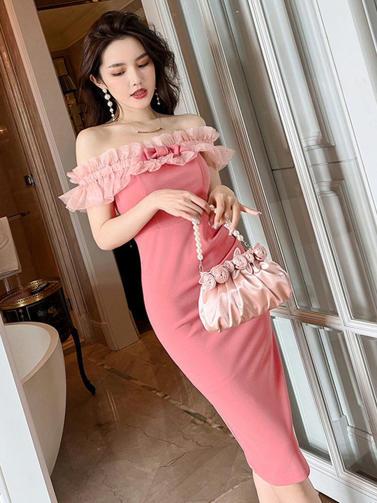 Summer Women's Pink Midi Dress with Off Shoulder Design
