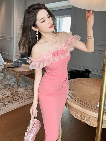 Summer Women's Pink Midi Dress with Off Shoulder Design