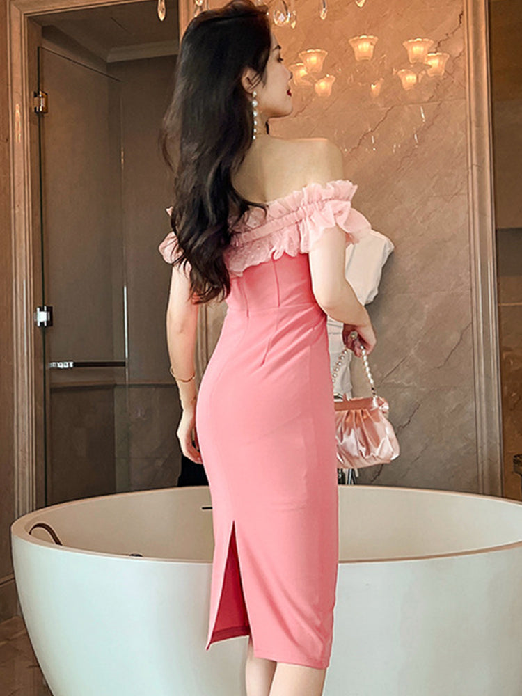 Summer Women's Pink Midi Dress with Off Shoulder Design