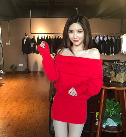 Knit Midi Dress with Off-Shoulder Design