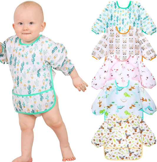 Lictin Long Sleeve Bibs 5 Pack - Baby Bibs for Girl or Boy 0-24 Months Neutral Baby Smock for Eating Waterproof Toddler Bibs Reusable Infant Baby Bibs for Feeding Teething or Weaning