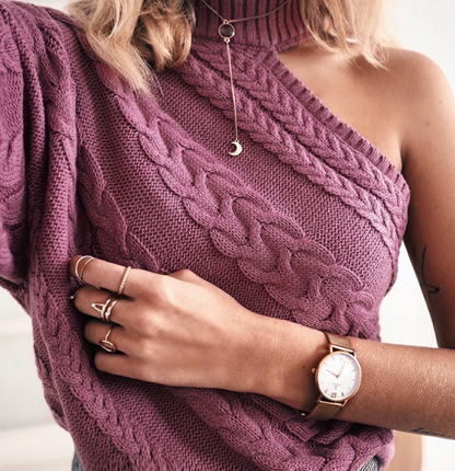 Off-Shoulder Cable Knit Turtleneck Sweater