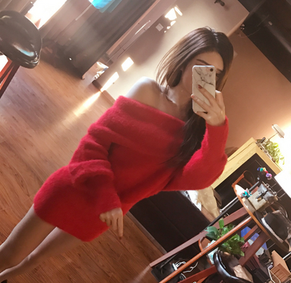 Knit Midi Dress with Off-Shoulder Design