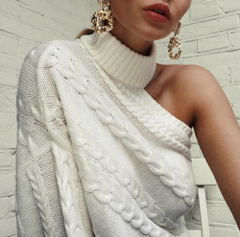 Off-Shoulder Cable Knit Turtleneck Sweater