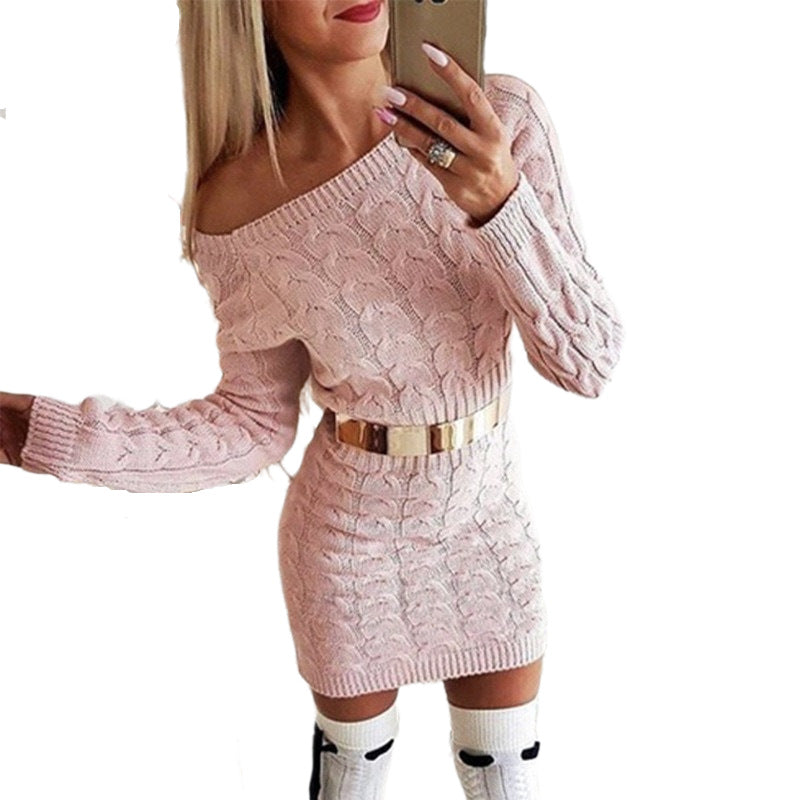 Off-Shoulder Knit Dress with Fluo Color Cable Design