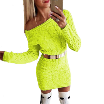 Off-Shoulder Knit Dress with Fluo Color Cable Design