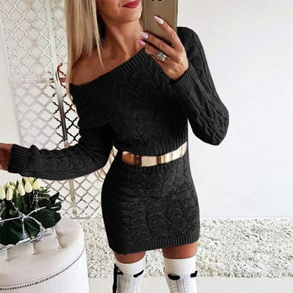 Off-Shoulder Knit Dress with Fluo Color Cable Design