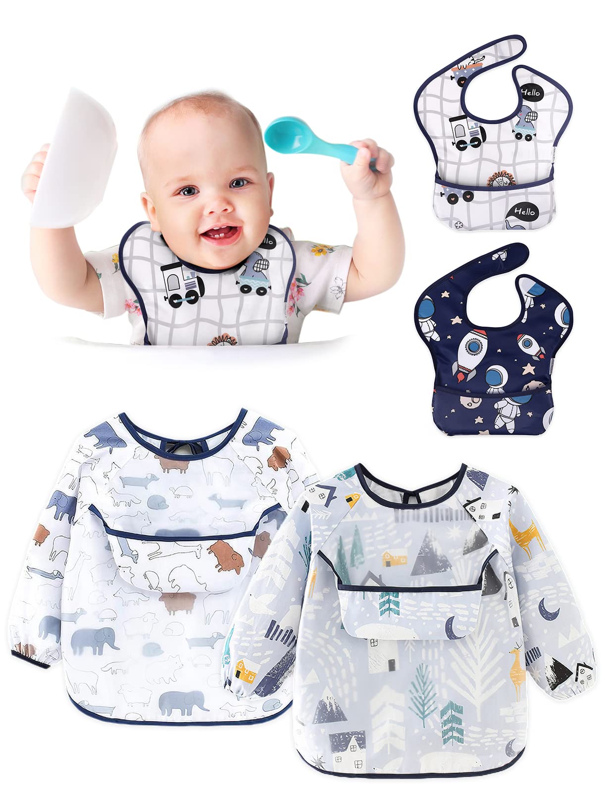 SUPTMAX 4 Packs Baby Bibs Bibs for Baby Girl Waterproof Baby Bibs for Boy Long Sleeve Bib Smock Bib with Pockets Baby Bibs for Eating Toddler Bibs 0-4 Years (Little house/Elephant/07/10)