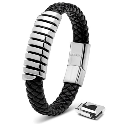 SERASAR Pulsera de Cuero Plateado 20cm para Hombre - Idea de Regalo con Cuero Genuino y Cierre Magnético Ajustable