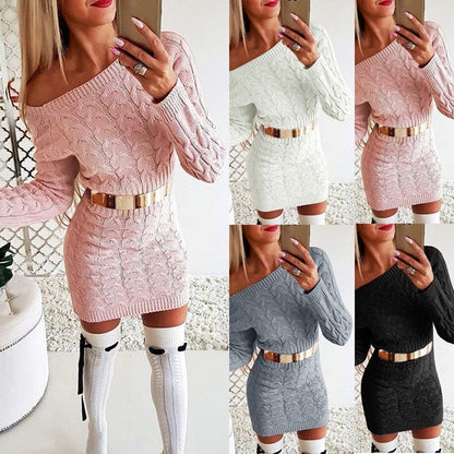Off-Shoulder Knit Dress with Fluo Color Cable Design